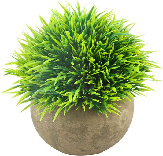 Mini Artificial Plants, Plastic Fake Green Grass Faux Greenery Topiary Shrubs with Grey Pots for Bathroom Home Office Décor, House Decorations (1)