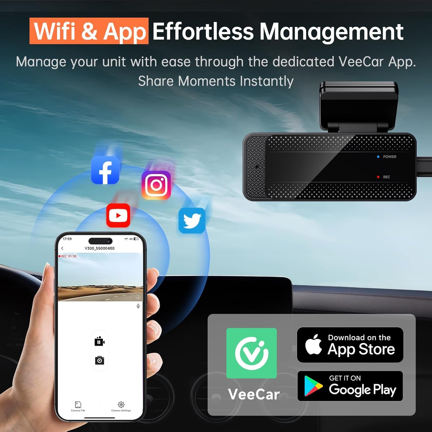 Dash Cam, 1296P Front Dashcam,  V300 Wifi Dash Camera for Cars with App, Night Vision, Mini Hidden Single Car Camera, Loop Recording, 24H Parking Mode, Support 256GB Max, Black