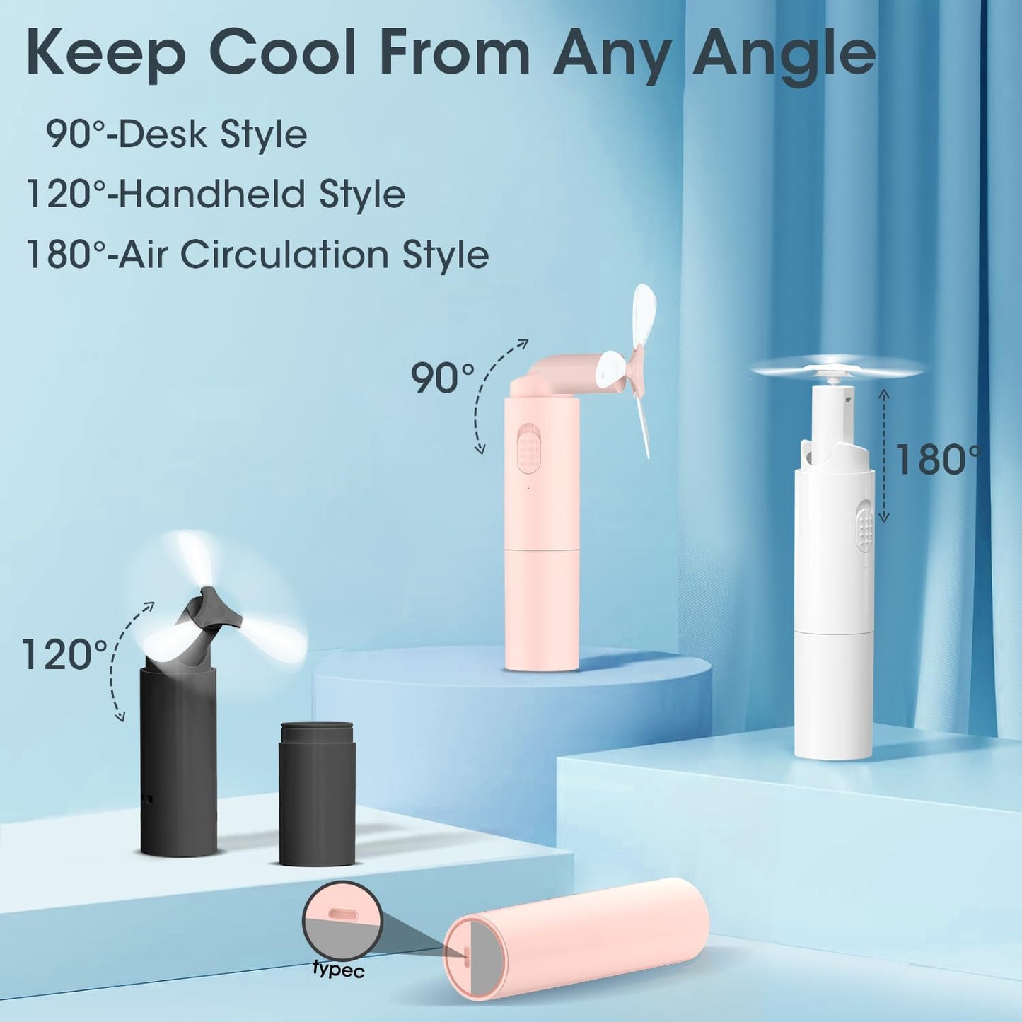 Handheld Fan Rechargeable, Mini Portable Fan Small Hand Fan, 3000Mah Battery Operated 22Hrs+ Makeup Eyelash Fan Personal Fan Gifts for Women Girls Men Travel Indoor Outdoor (Black)