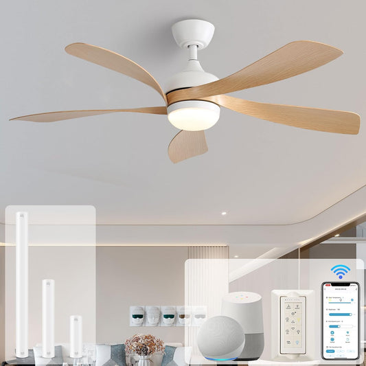 52" Smart Ceiling Fan, Indoor/Outdoor Ceiling Fans with Lights and Remote, Work with Alexa/Google/App, 3-Color Light 6-Speed Timing Reversible DC Motor for Bedroom Living Room Patio