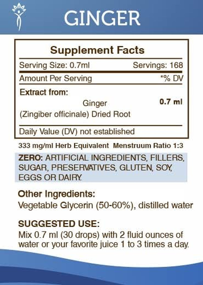 Ginger Tincture Alcohol-Free Extract, Ginger (Zingiber Officinale) Dried Root 4 OZ TLBH