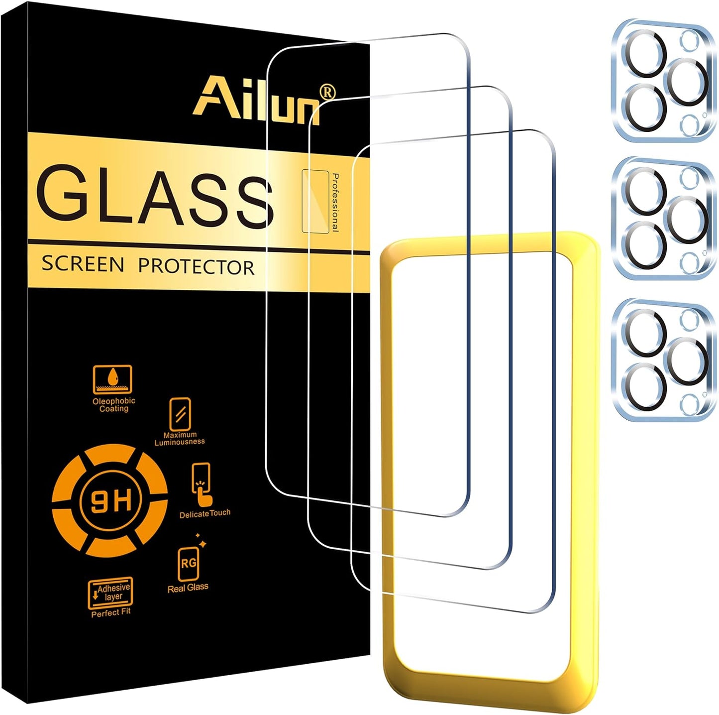 3 Pack Screen Protector for Iphone 16 [6.1 Inch] + 3 Pack Camera Lens Protector with Installation Frame,Case Friendly Tempered Glass Film,[9H Hardness] - HD [6 Pack]