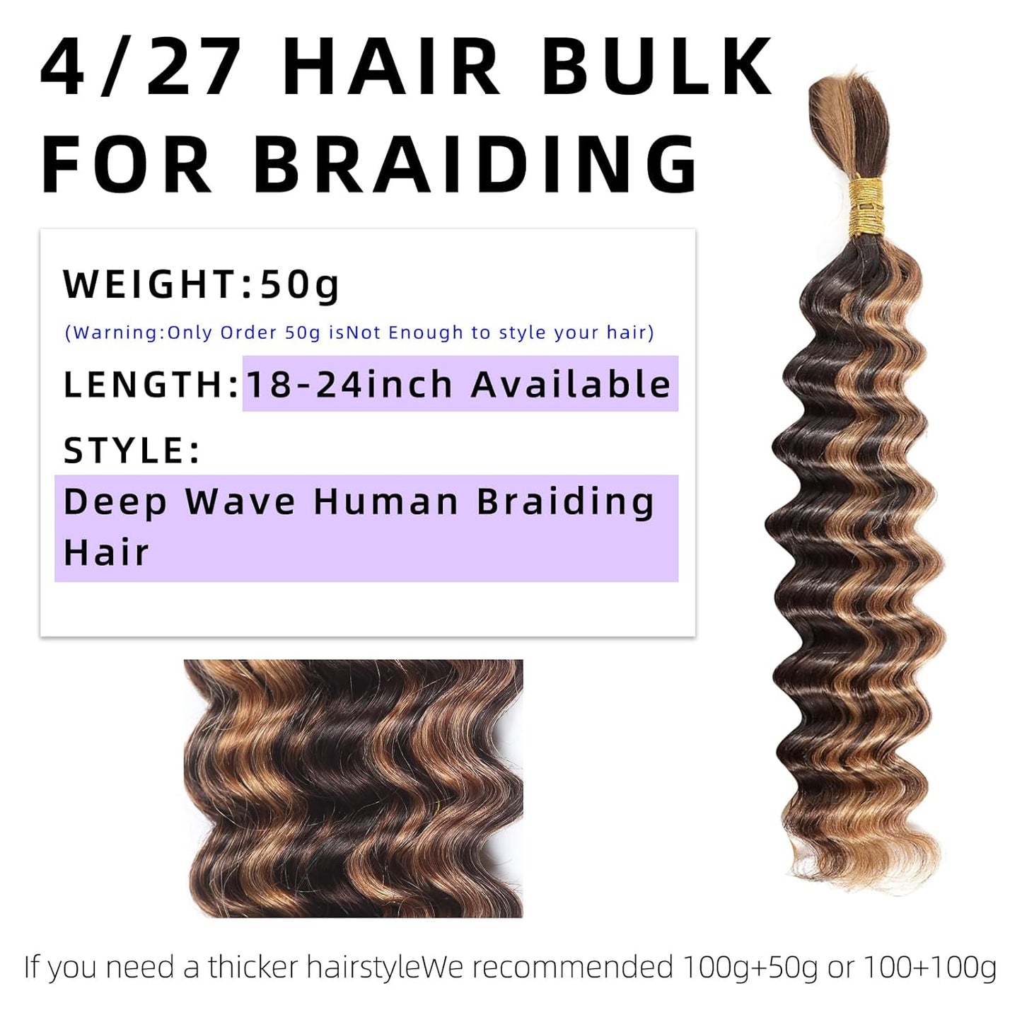 Langer 4/27 Highlight Human Braiding Hair Deep Wave Bulk Human Hair for Braiding No Weft 150G 3 Bundles/Pack Ombre 16A Brazilian Curly Human Hair Extensions for Braids Boho Braiding Hair 18 Inch