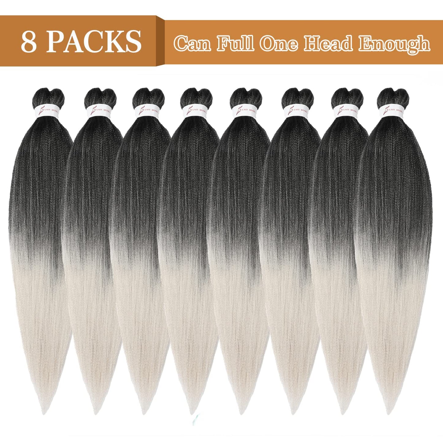 Pre Stretched Braiding Hair Grey 24 Inch 8 Packs White Braiding Hair Pre Stretched Yaki Texture, Hot Water Setting, Easy to Install Professional Synthetic Ombre Braiding Hair(24In,1B/Silver)