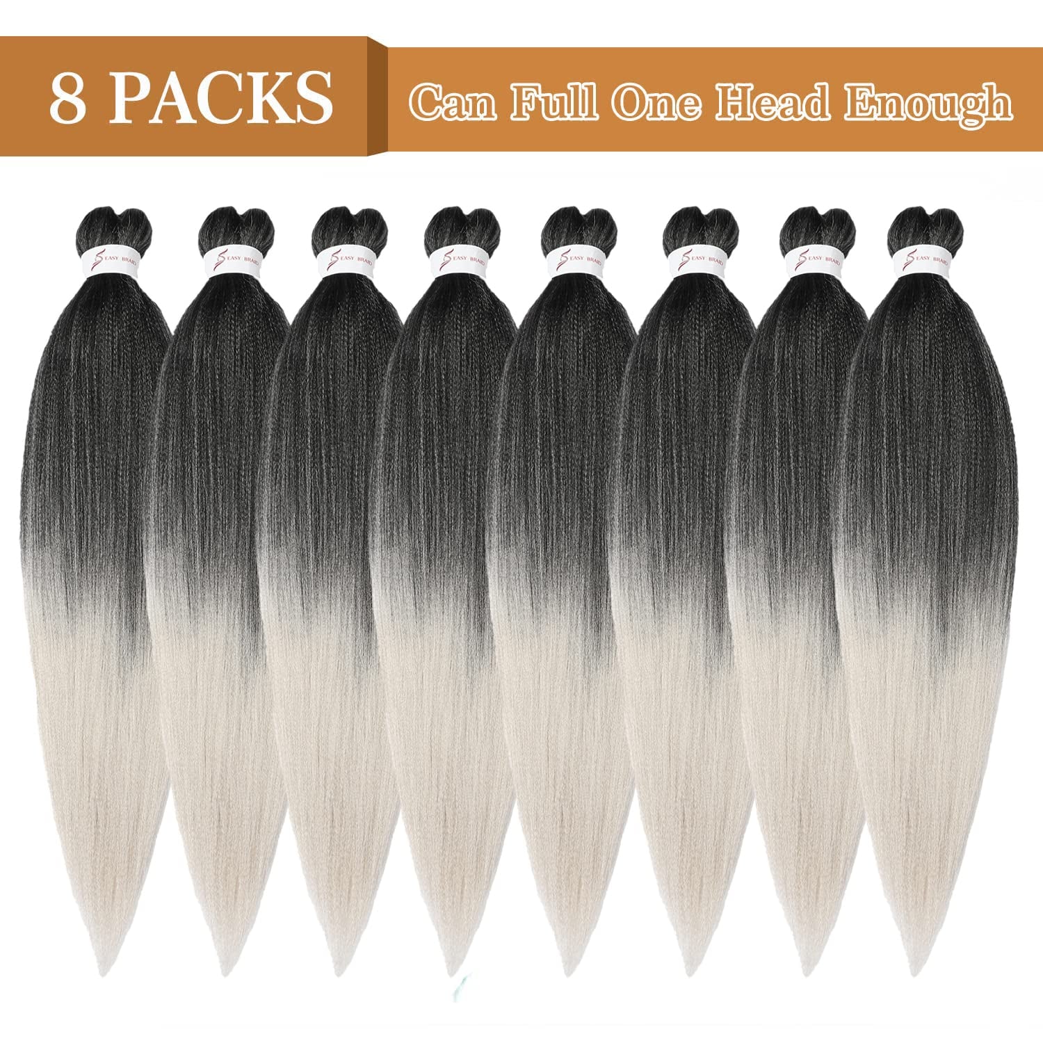 Pre Stretched Braiding Hair Grey 24 Inch 8 Packs White Braiding Hair Pre Stretched Yaki Texture, Hot Water Setting, Easy to Install Professional Synthetic Ombre Braiding Hair(24In,1B/Silver)