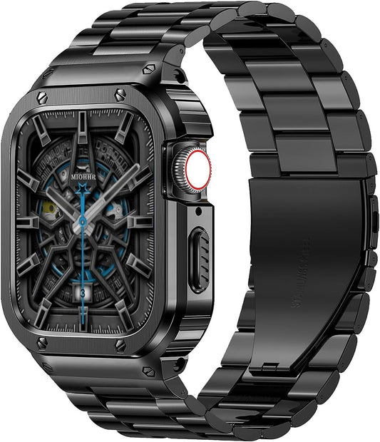 Stainless Steel Band and Case Compatible with Apple Watch Band 45Mm, Men Metal Protective Bumper Cover for Iwatch Series 9/8/7, Black