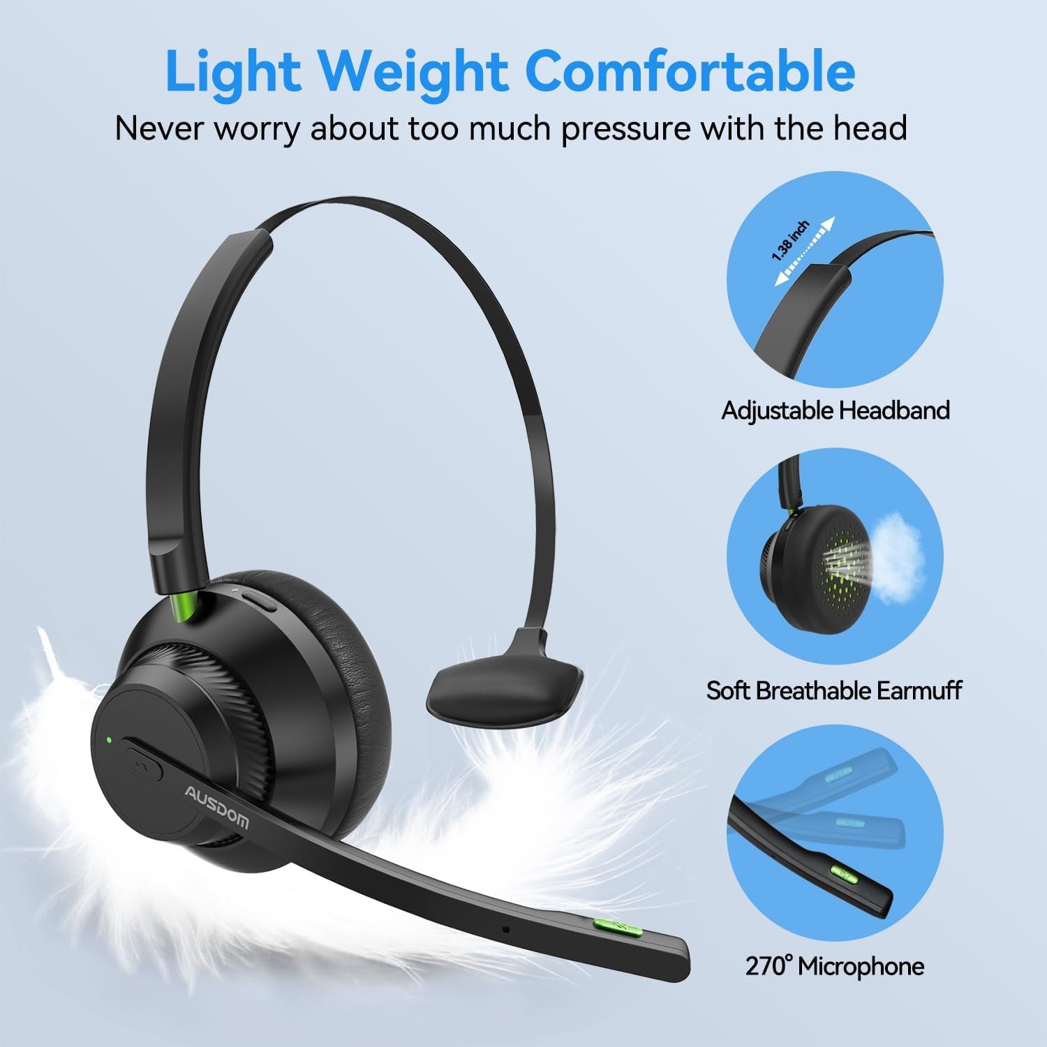 Trucker Bluetooth Headset with Microphone: A2301 Wireless 5.2 On-Ear Headset with AI Noise Cancelling Mic & Mute Button, 50H Playtime for Work from Home Office Call Center Cellphones Laptop TRUCK DRIVER