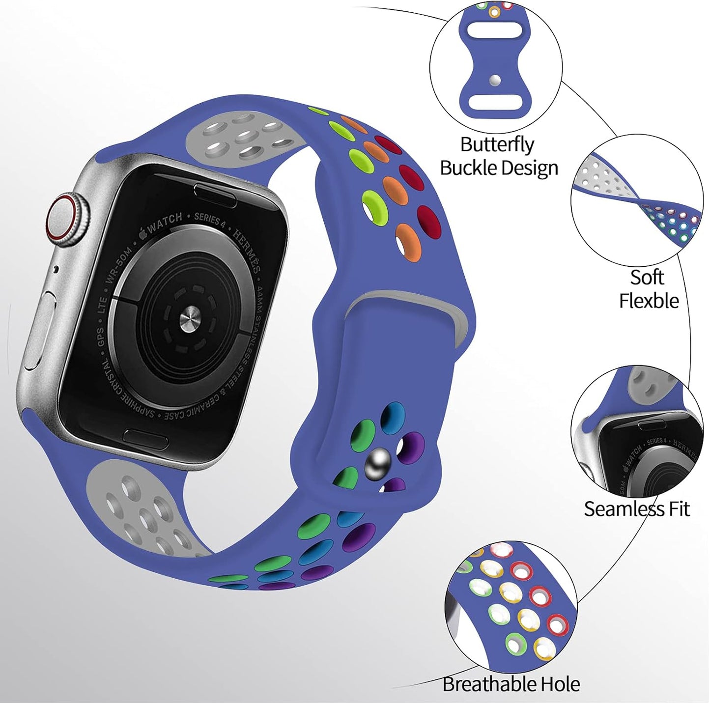 Rainbow Sport Silicone Bands Compatible with Apple Watch Band 45Mm 44Mm 42Mm 41Mm 40Mm 38Mm 49Mm for Women Men Soft Breathable Strap Replacement Wristbands for Iwatch SE Series 9 8 7 6 5 4 3 2 1