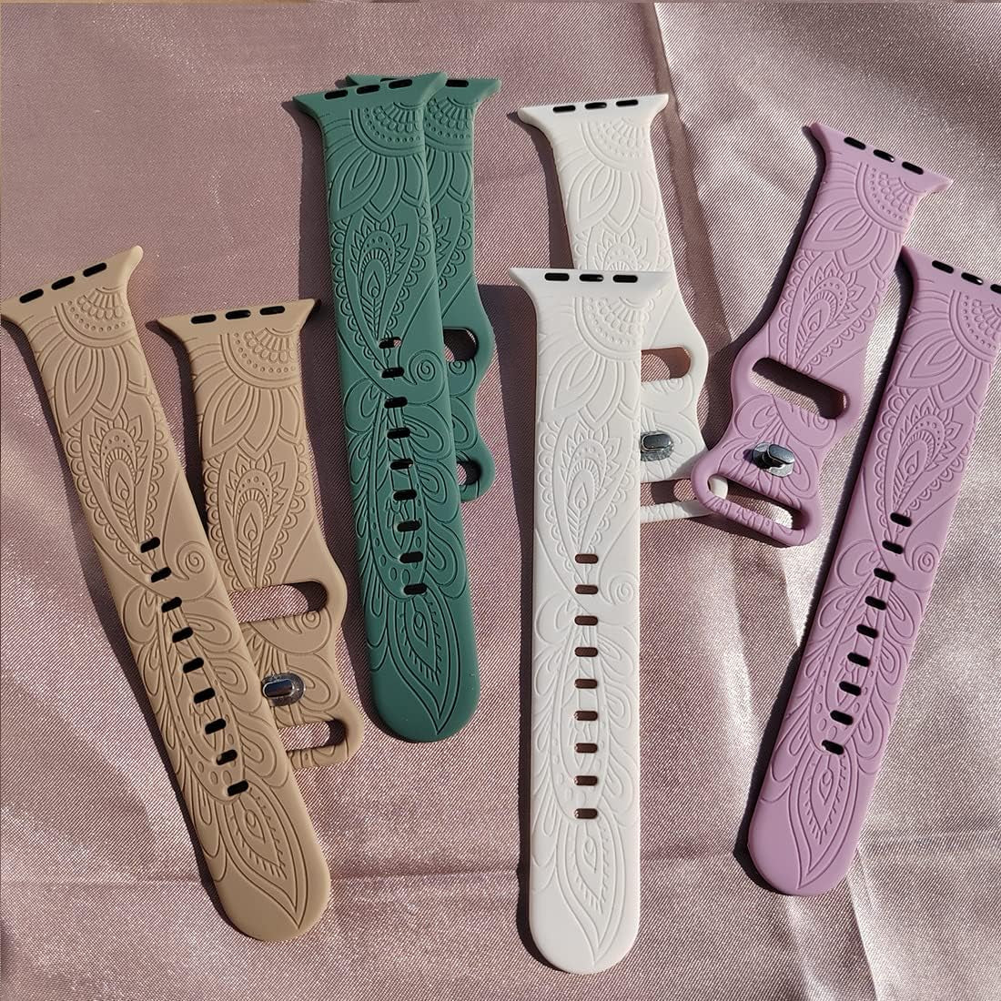 Flower Boho Engraved Band Compatible with Apple Watch Band 38Mm 40Mm 41Mm 44Mm 45Mm 42Mm 49Mm Women Wristbands, Soft Silicone Sport Floral Fancy Cute Designer Replacement Strap for Iwatch Series 8/7/6/5/4/3/2/SE