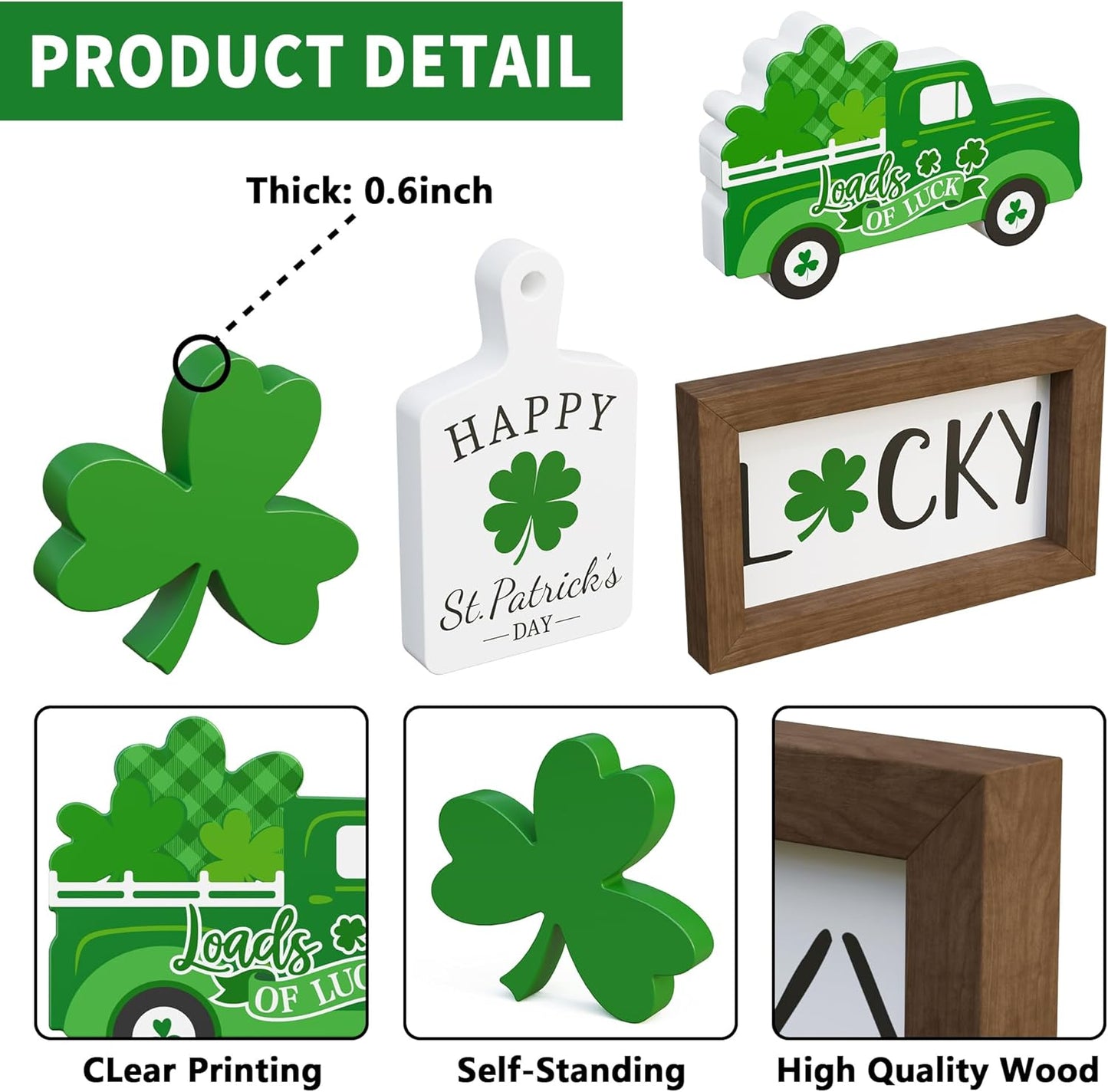 St. Patrick'S Day Tiered Tray Decor Set - 5 Pcs Shamrock Wooden Signs Lucky Decor Bead Garland, St. Patricks Day Decorations for Home Kitchen Table Party Decorations
