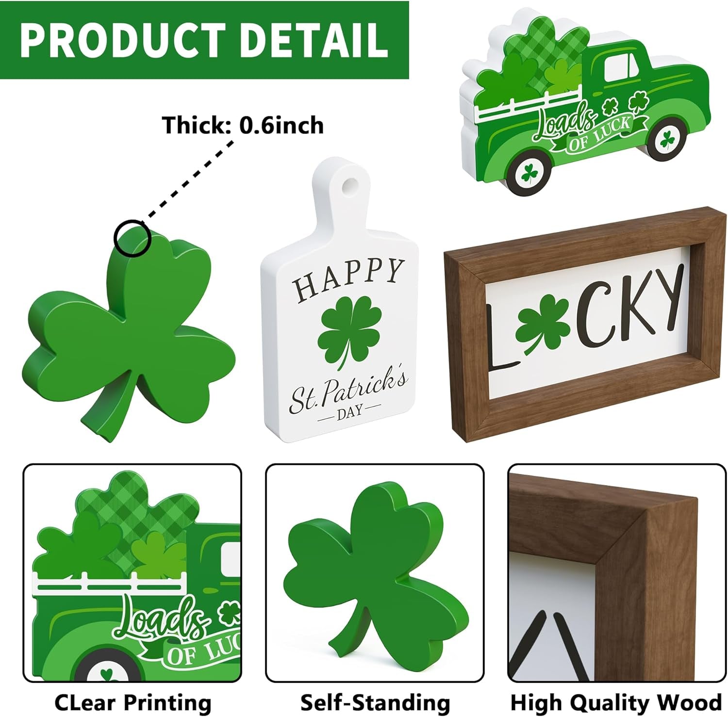 St. Patrick'S Day Tiered Tray Decor Set - 5 Pcs Shamrock Wooden Signs Lucky Decor Bead Garland, St. Patricks Day Decorations for Home Kitchen Table Party Decorations