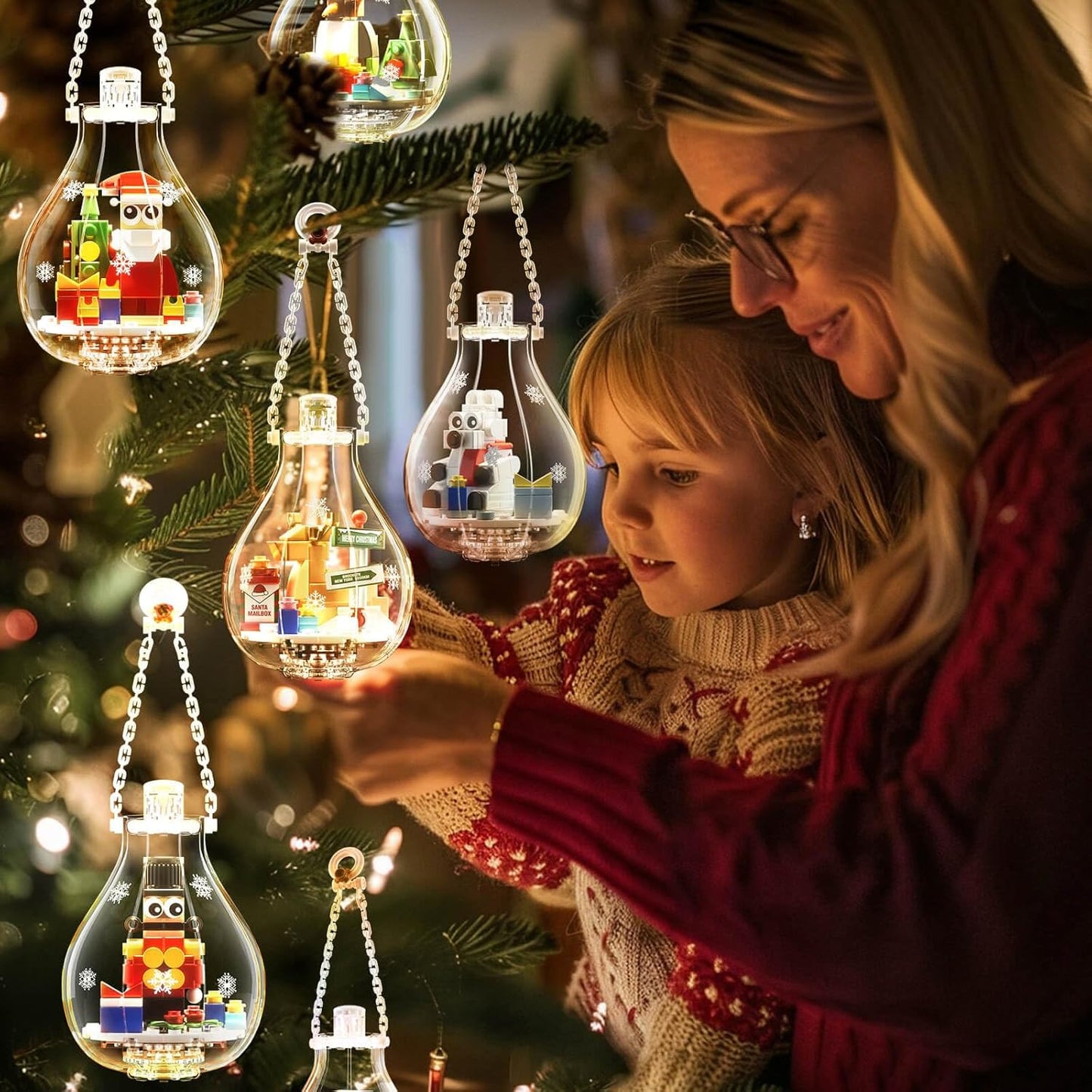 Christmas Ornaments 2024 Building Set, Ornament for Christmas Tree with Light, Xmas and Thanksgiving Holiday for Gifts, Gingerbread Houses, Santa, Reindeer, Polar Bears, Soldiers and Penguin (647 Pcs)