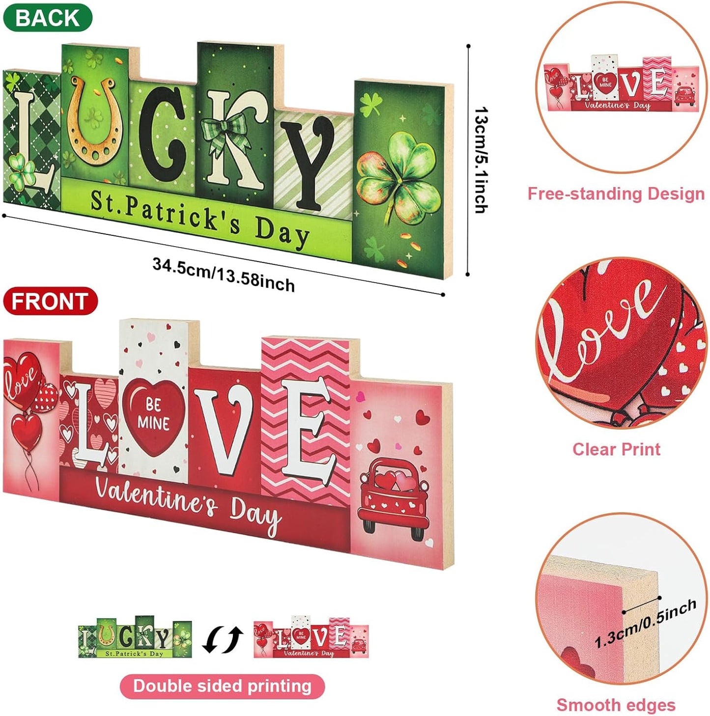 Valentine'S Day Wooden Table Sign St. Patrick’S Day Decorations LUCKY LOVE Reversible Tabletop Decor Rustic Double-Sided Different Theme Irish Farmhouse Table Centerpiece Decor Tiered Tray Decor