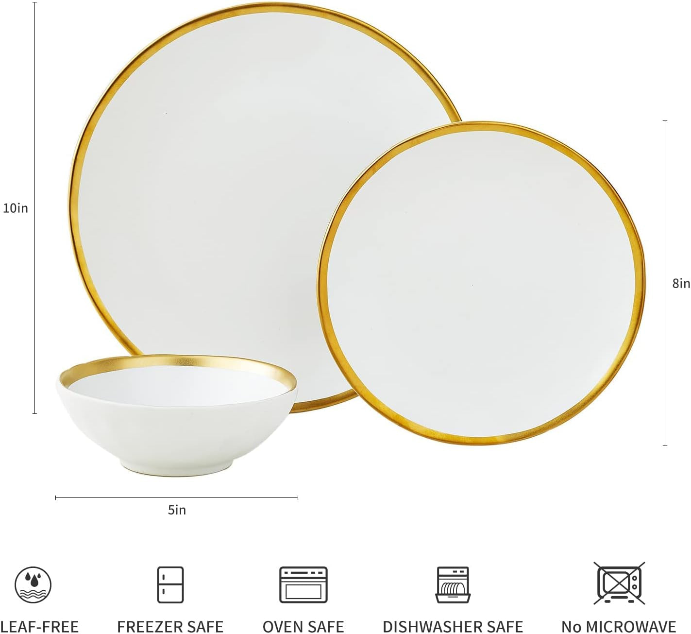 Matte White Porcelain Dinnerware Sets 12 Piece Service for 4, Ceramic Plates and Bowls Sets, Dishes, round Dinner Plates, Bowls, Golden Rim Dish Set for Home Decor