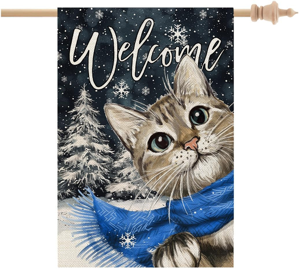 St Patricks Day Cat Garden Flag Hello Lucky 12X18 Inch Double Sided for outside Small Burlap Shamrock Clovers Holiday Yard Decoration