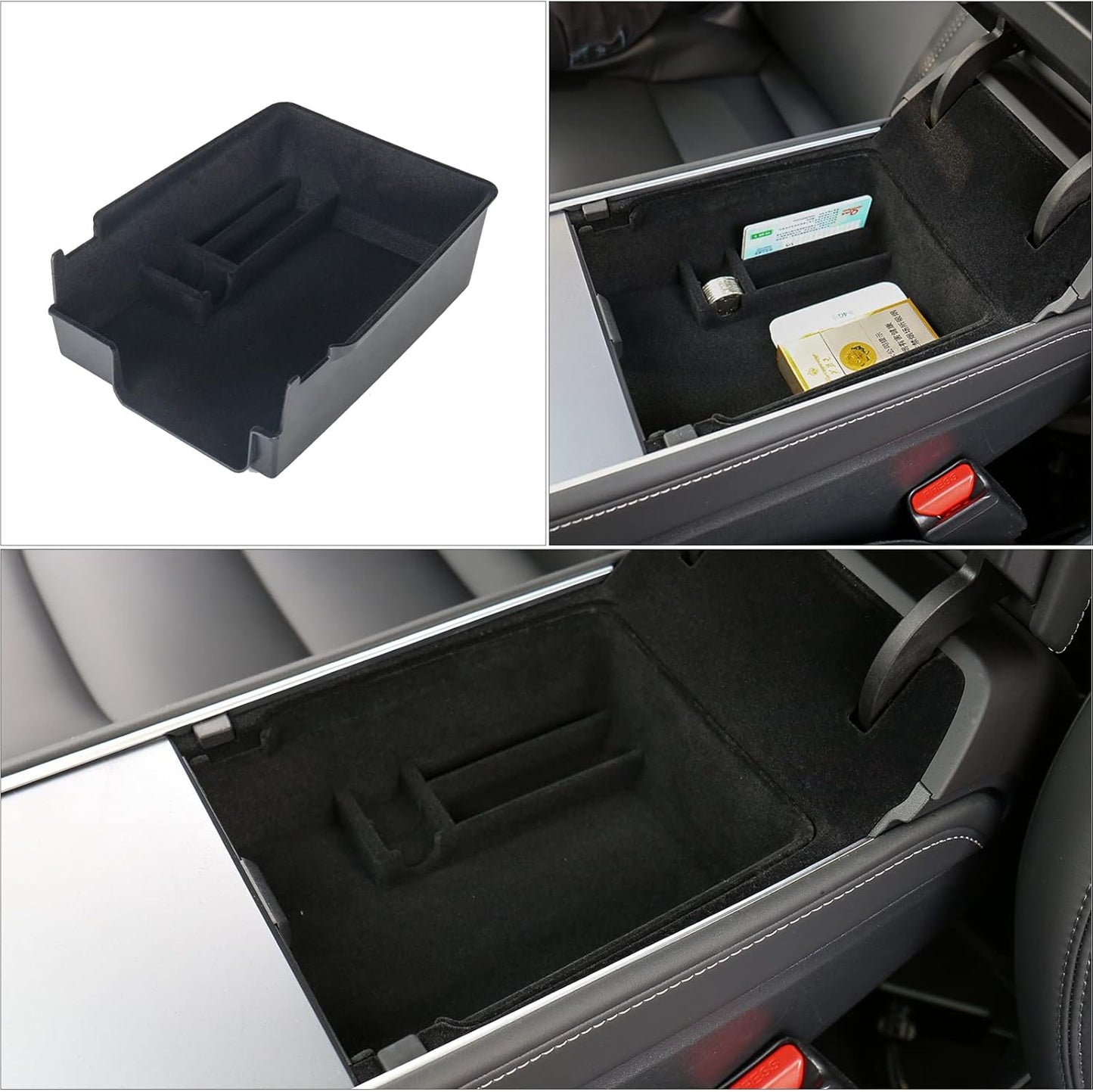 4 PCS Center Console Organizer Tray and Cup Holder Insert Compatible with 2021-2023 Tesla Model 3Y, Flocked/Silica Rubber Armrest Hidden Cubby Drawer Storage Box Interior Accessories