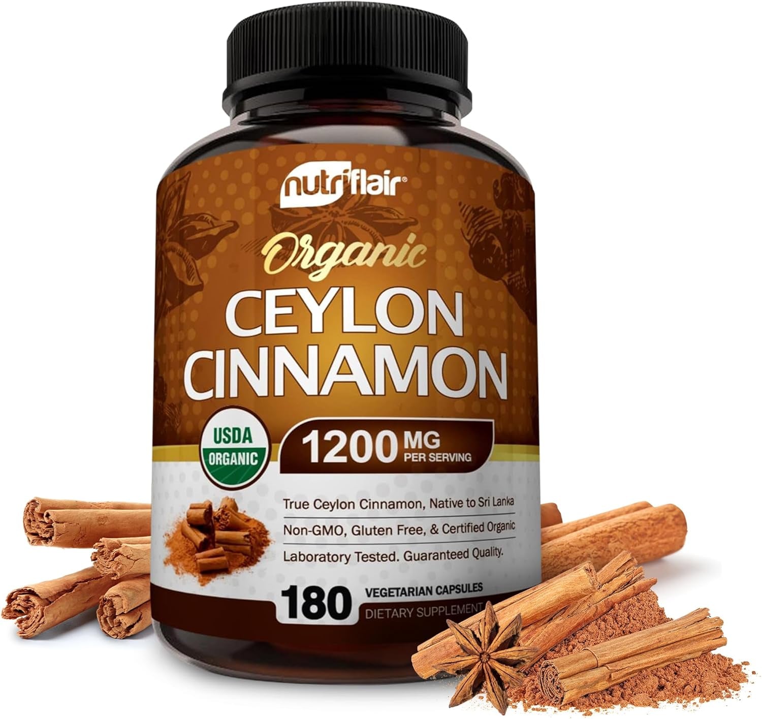 Organic Ceylon Cinnamon Supplement 1200Mg, 120 Capsules - USDA Certified Organic Cinnamon - Non-Gmo, Gluten Free Cinnamon Powder, Antioxidant Cinnamon Pills TLBH