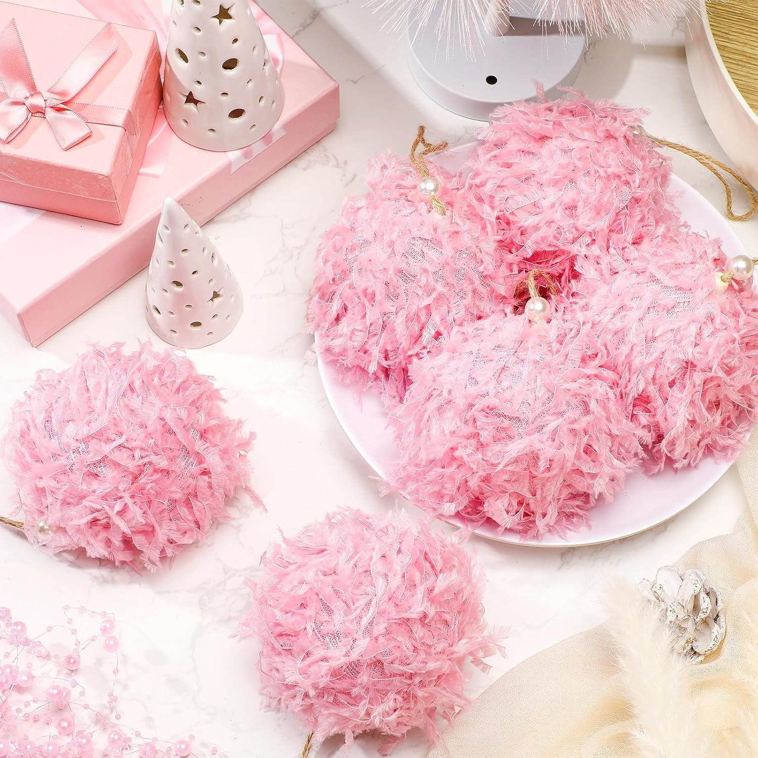 6 Pcs Furry Christmas Ball Ornaments 3.15 Inch Fuzzy Curly Elf Ornaments Ball Christmas Tree Hanging Decorations Soft Pom Pom Ball Xmas Ornament Pendants for Party Supplies(Pink)