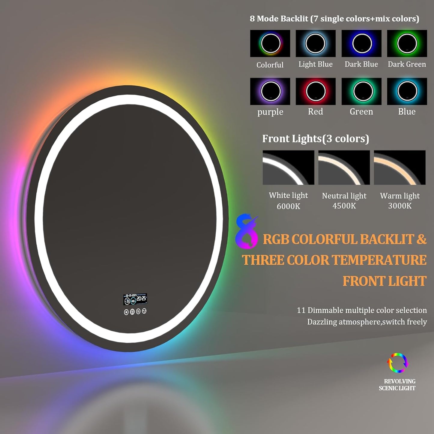 Front Lighted RGB Backlit Bluetooth Mirror: 32 Inch round Dimmable 11 Colors Smart Anti-Fog Bathroom Mirrors with Bluetooth Speaker - Wall Mounted LED Mirror with Digital Display