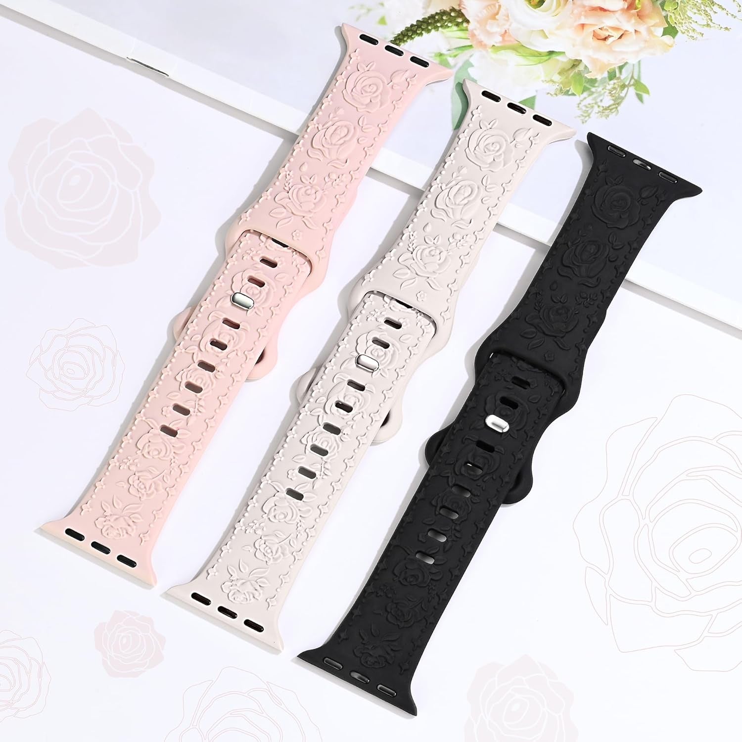 2 Pack Floral Silicone Band for Apple Watch Bands 41Mm 40Mm 42Mm(S10) 38Mm Iwatch Bands Series 10 9 8 7 SE 6 5 4 3 for Women, Cute Fancy Dressy Engraved Strap