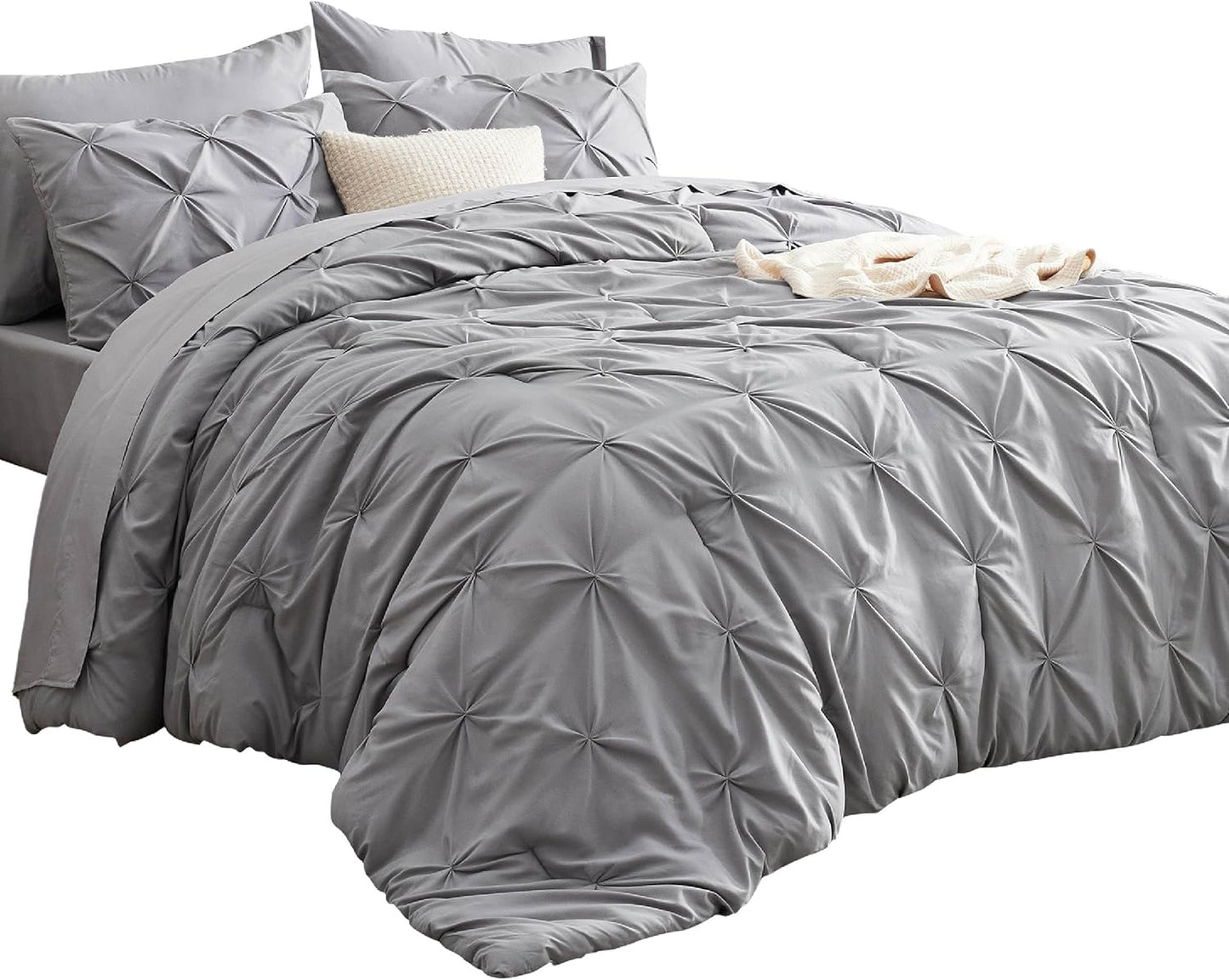 King Size Comforter Set - Bedding Sets King 7 Pieces, Pintuck Bed in a Bag Grey Bed Set with Comforter, Sheets, Pillowcases & Shams