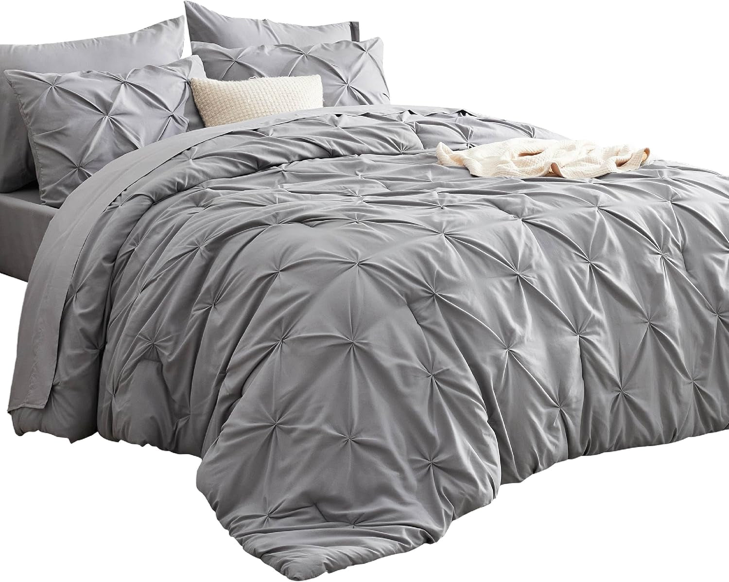 King Size Comforter Set - Bedding Sets King 7 Pieces, Pintuck Bed in a Bag Grey Bed Set with Comforter, Sheets, Pillowcases & Shams