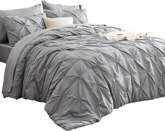 King Size Comforter Set - Bedding Sets King 7 Pieces, Pintuck Bed in a Bag Grey Bed Set with Comforter, Sheets, Pillowcases & Shams