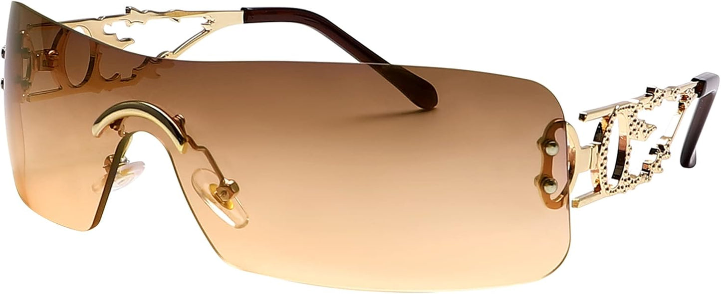 Rimless Y2K Sunglasses for Women Men Rectangle Vintage Glasses Fashion Flame Metal Sunglass Frameless Retro Eyewear