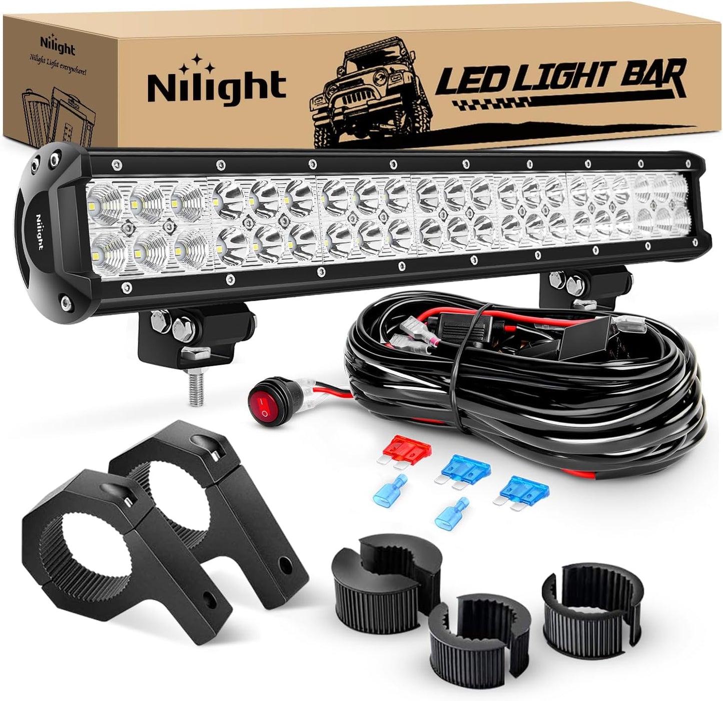 20 Inch 126W Spot Flood Combo LED Light Bars Off-Road Light Mounting Bracket Horizontal Bar Tube Clamp with off Road Wiring Harness, 2 Years Warranty, White