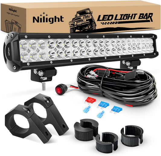 20 Inch 126W Spot Flood Combo LED Light Bars Off-Road Light Mounting Bracket Horizontal Bar Tube Clamp with off Road Wiring Harness, 2 Years Warranty, White