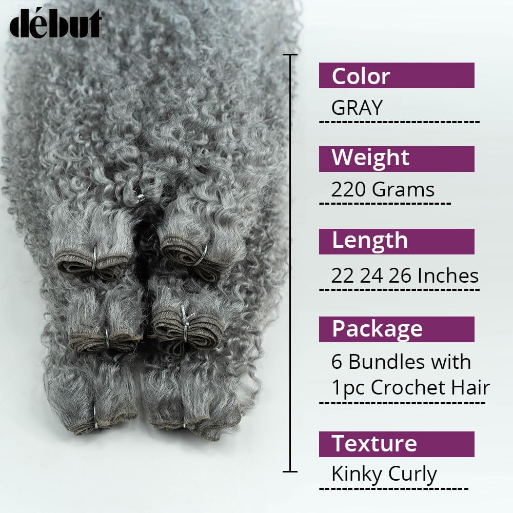 Synthetic Hair 7Pcs Kinky Curly 22 24 26 Inches Gray 6 Bundles Tight Curly Hair with 1Pc Crochet Hair for Black Women Grey Color