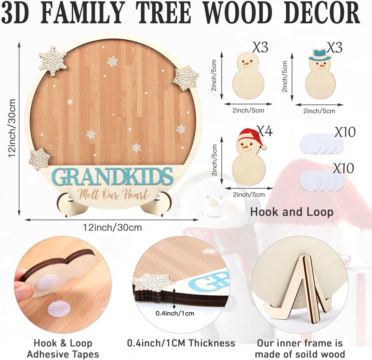 Grandkids Name Sign Snowman Tag Desk Plaque Decor(11.4X11.4 Inches), DIY Family Tree Names Wall Sign, Grandkids Love Sign Melt Our Heart Winter for Grandparents Grandma Nana