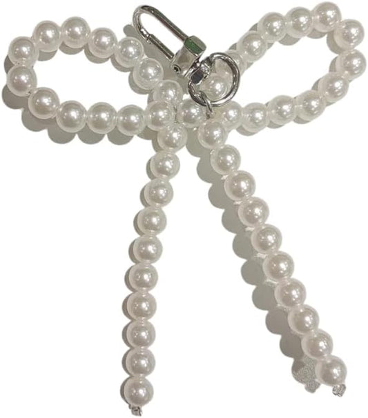 Silver Heart Pearl Bow Keychain Y2K Bowknot Keyring Sweet Bag Car Keys Charms Accessories for Women Girls