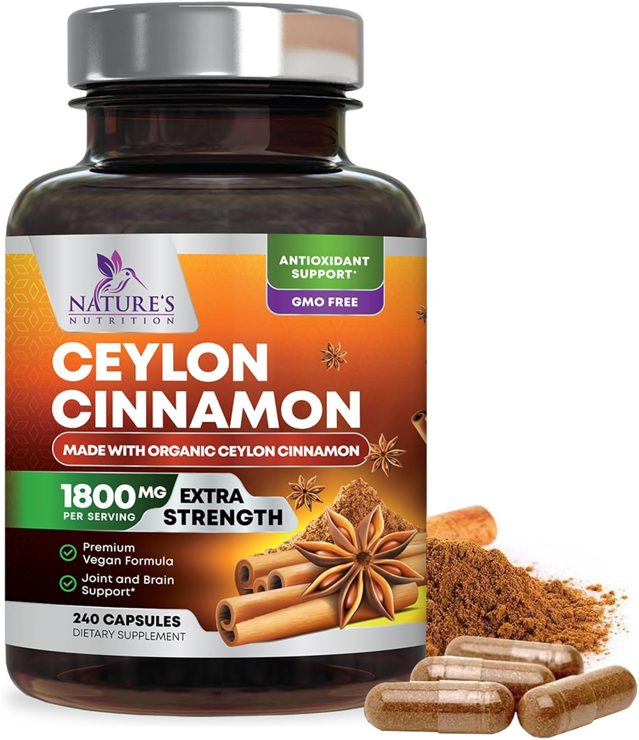 Organic Ceylon Cinnamon Supplement 1800Mg - Certified Organic Ceylon Cinnamon Powder Pills - Energy & Heart Support for Women & Men, Bottled in USA, Antioxidant, Gluten Free, Non-Gmo - 240 Capsules TLBH