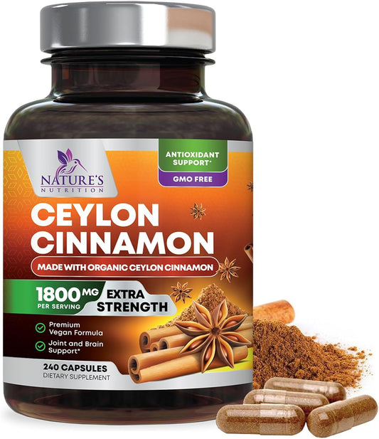 Organic Ceylon Cinnamon Supplement 1800Mg - Certified Organic Ceylon Cinnamon Powder Pills - Energy & Heart Support for Women & Men, Bottled in USA, Antioxidant, Gluten Free, Non-Gmo - 240 Capsules TLBH