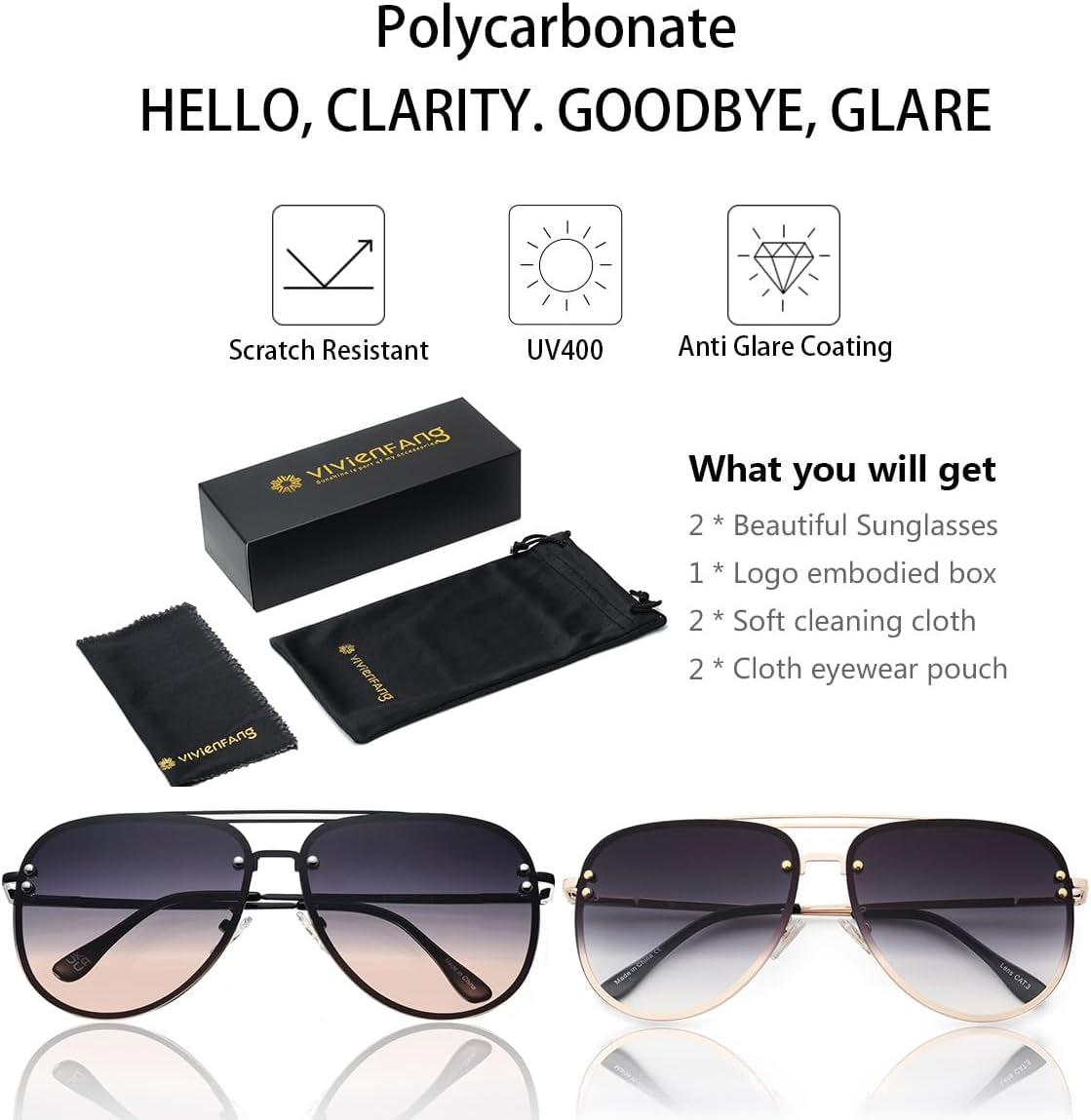 Premium Rimless Oversized Aviator Sunglasses for Women, Polarized PC Lens UV Protection Women’S Shade VF2203