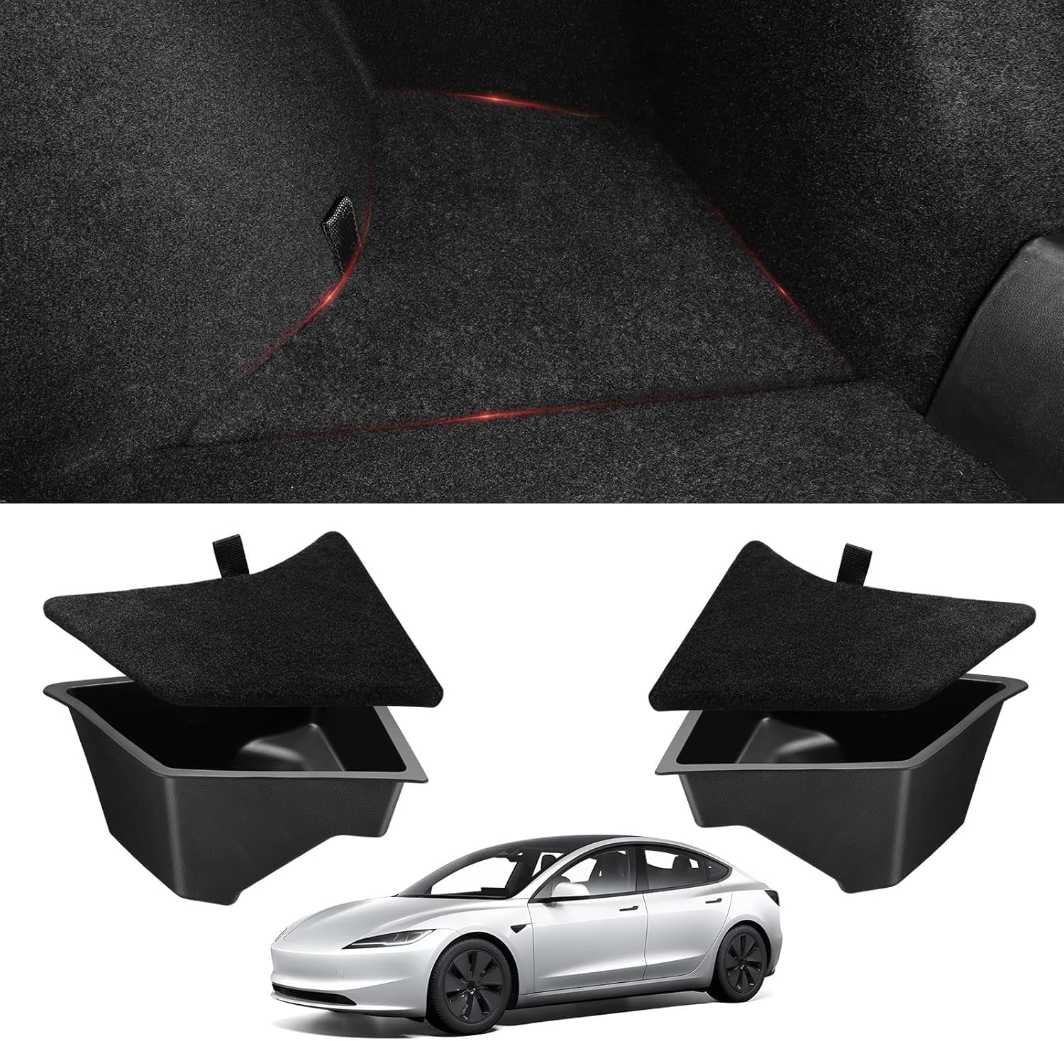 2022-2024 Tesla Model Y Trunk Organizer Waterproof Rear Trunk Storage Bins Side Box with Carpeted Lip Interior Accessories Set of 2 for Model Y 5-Seater (Newest Version)