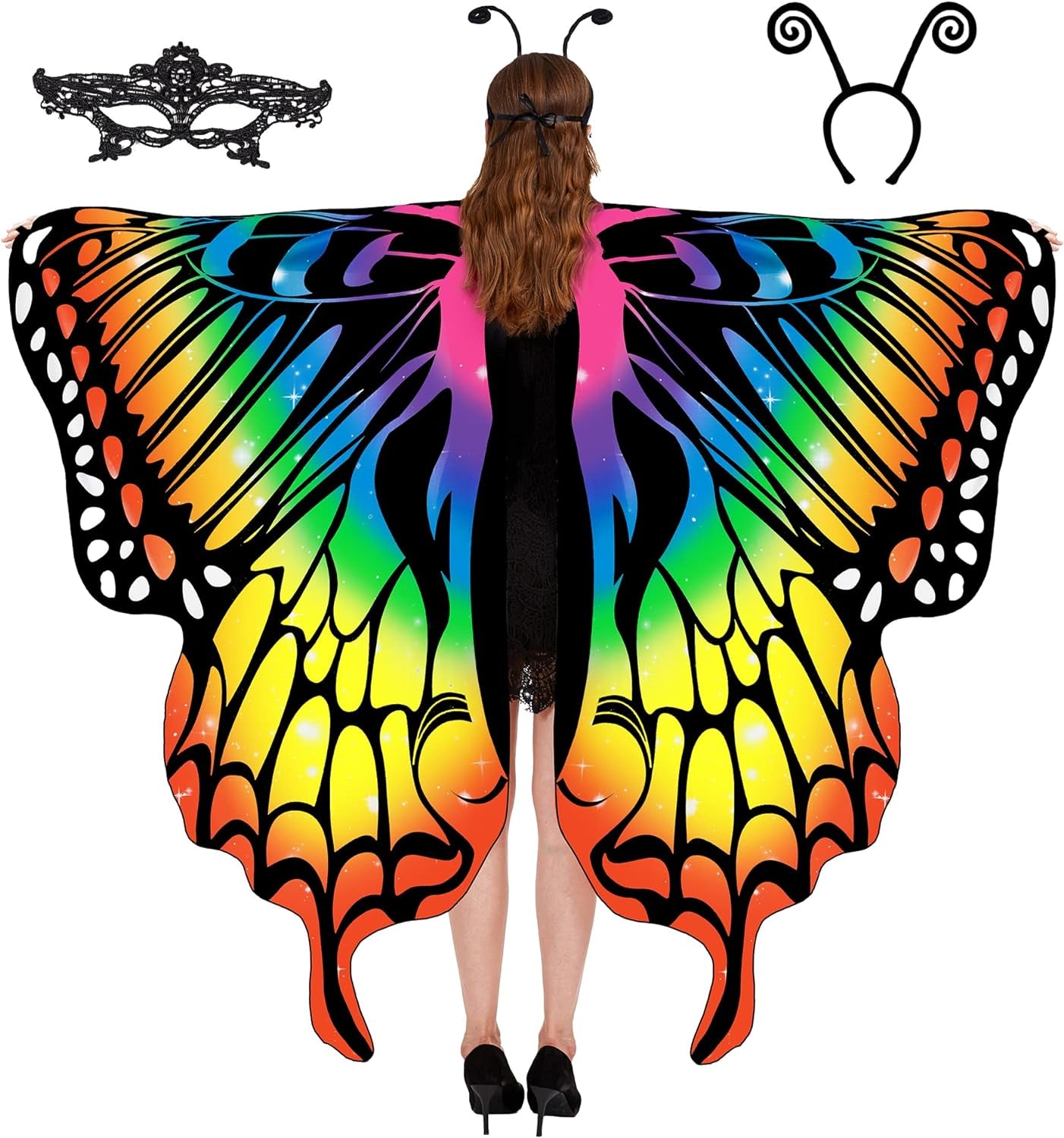 Halloween Butterfly Costume for Women - Adult Wings Cape Shawl with Lace Mask and Antenna Headband
