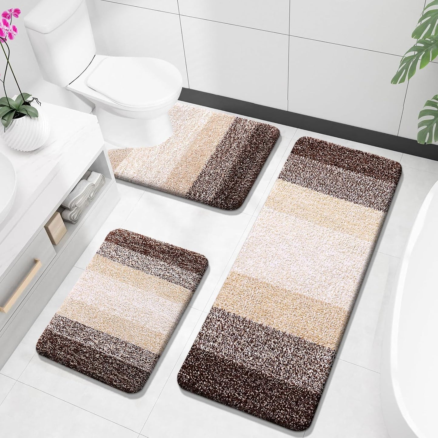 Bathroom Rugs Sets 3 Piece, Soft Absorbent Microfiber Bath Rugs and U-Shaped Contour Toilet Rug Area Rug Set, Non-Slip Bath Carpet, Home Decor Accessories, Bath Mat Set for Bathroom, Black