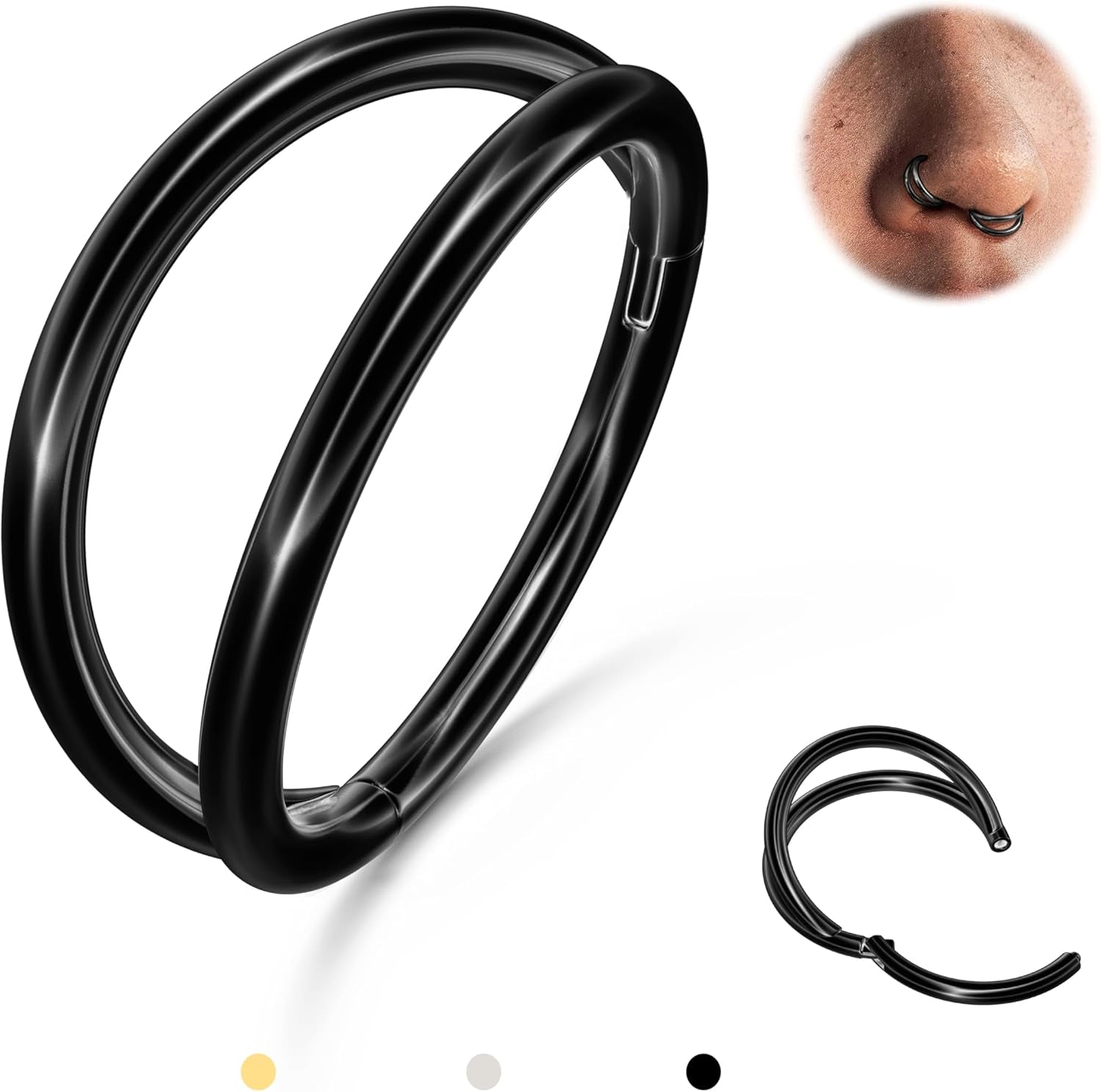 Triple/Double Hoop Nose Ring - 316L Stainless Steel Septum Clicker 16G/18G/20G CZ Conch Piercing Jewelry Septum Clicker Lip Rings Cartilage Earring Helix Rook Tragus Gold/Black/Silver
