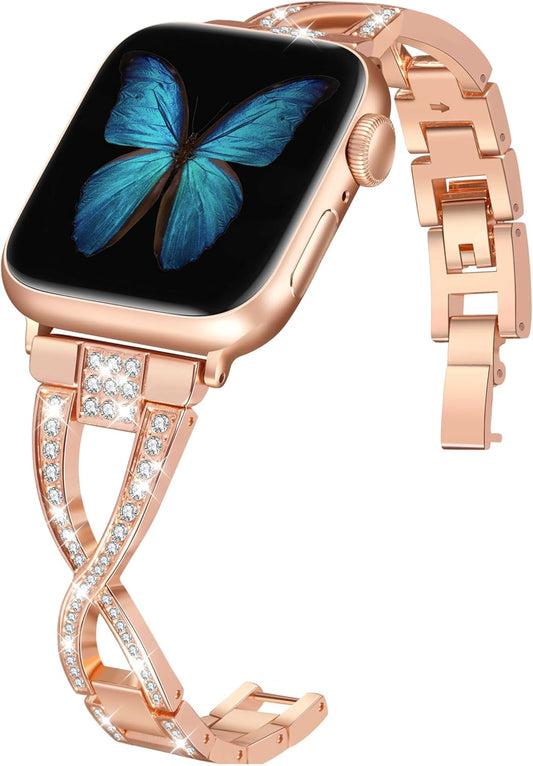 Bands for Apple Watch 38Mm 40Mm 41Mm Women Series 9 8 7 6 5 4 SE Iwatch Band Bling Metal Bracelet Fancy Cute Dressy Strap Rose Gold