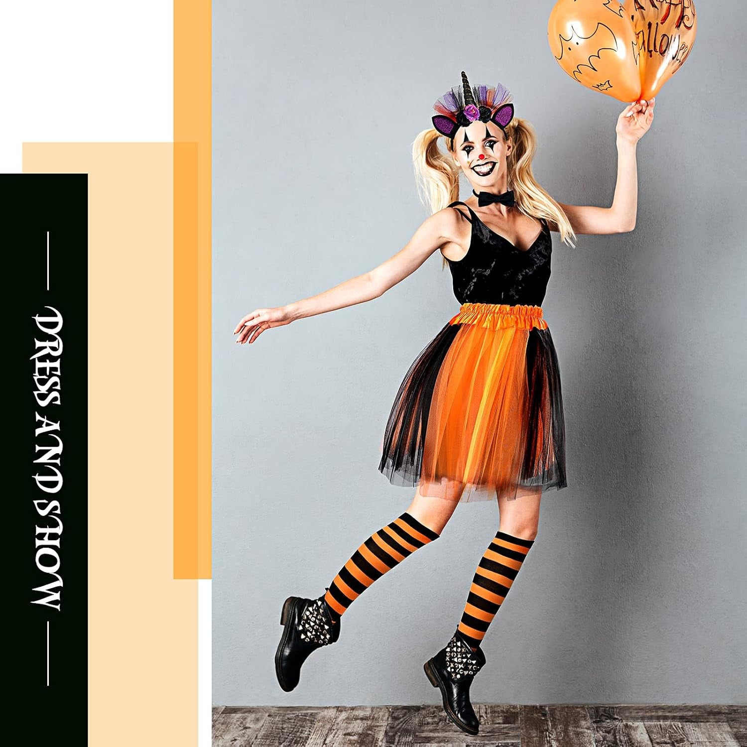 Halloween Unicorn Costume Set Included Unicorn Headband Tutu Skirt Striped Thigh High Socks Purple Orange Black Beaded Chains for Halloween Cosplay Party