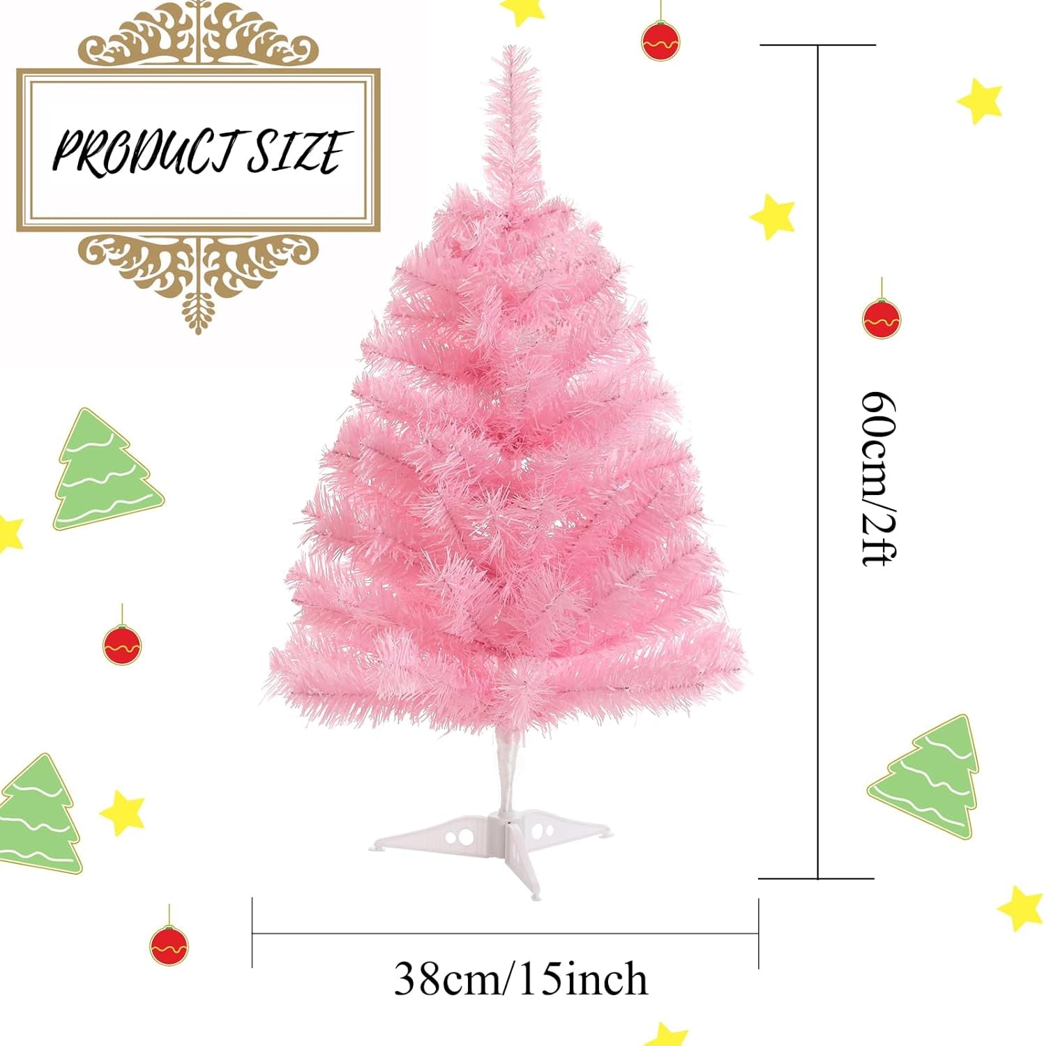 2FT Artificial Christmas Tree Pink Tabletop Christmas Tree with Plastic Stand Mini Xmas Pine Tree for Party Supplies Indoor Outdoor Holiday Home Decoration