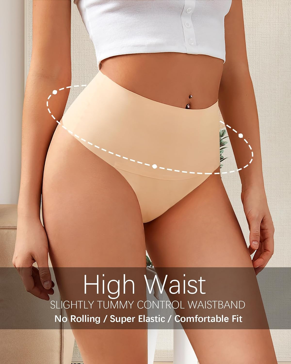 Womens High Waisted Thongs No Show Panties Lightweight Soft Stretch High Cut Underwear 3 Pack