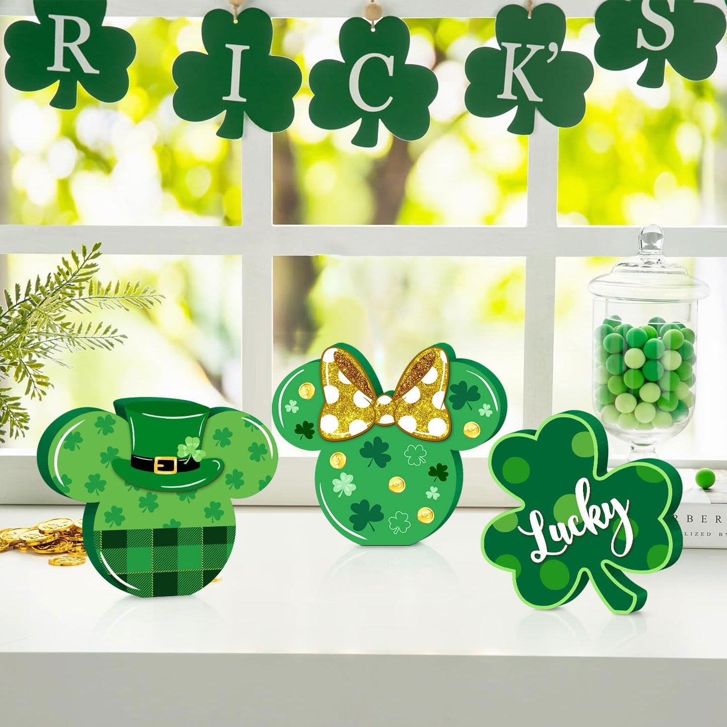 3Pcs St. Patrick'S Day Mouse Table Sign Decor, Shamrock Wooden Centerpieces Table Top Signs Tiered Tray Set for Happy St. Patrick'S Day Parties Indoor Irish Green Ornament Wood Home Decoration