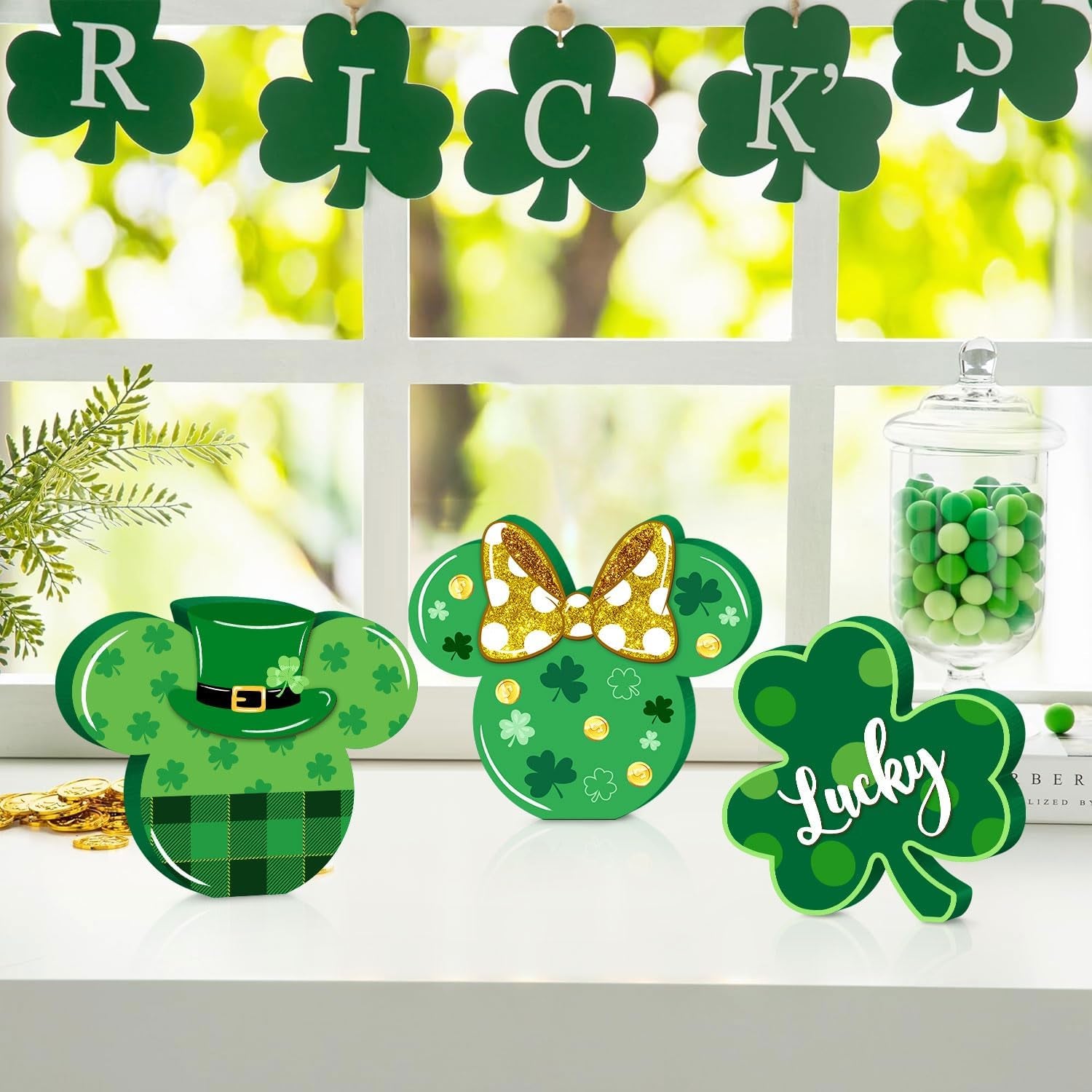 3Pcs St. Patrick'S Day Mouse Table Sign Decor, Shamrock Wooden Centerpieces Table Top Signs Tiered Tray Set for Happy St. Patrick'S Day Parties Indoor Irish Green Ornament Wood Home Decoration