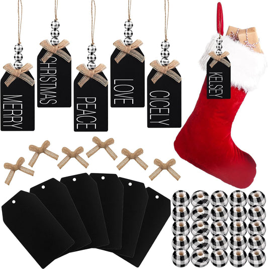 12 Set Christmas Stocking Name Tags Farmhouse Christmas Ornaments Hanging DIY Unfinished Personalized Blank Bead Wooden Xmas Gift Tags for Christmas Decorations(4.5 X 2.6'',Black and White)