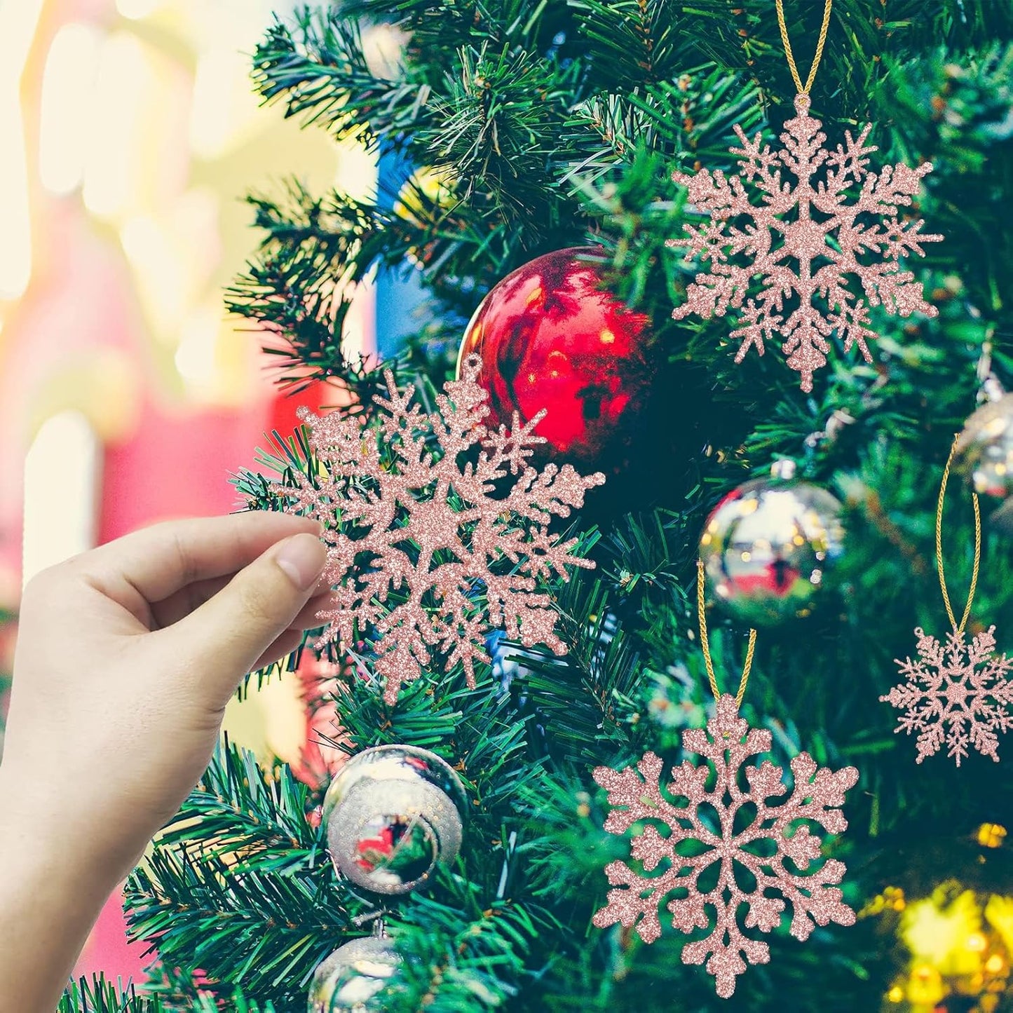 Christmas Tree Decoration Snowflake Ornaments - 36Pcs Rose Gold Glitter Hanging Christmas Snowflake Ornaments for Winter Wonderland Holiday New Year Christmas Tree