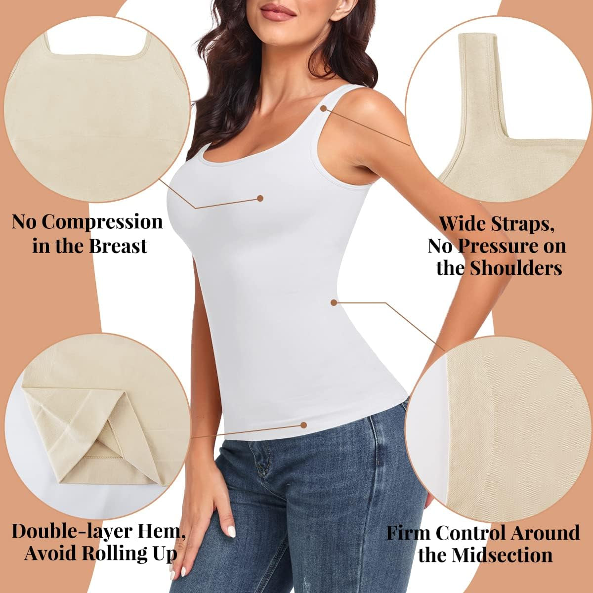 Women Tummy Control Shapewear Tank Tops Seamless Square Neck Compression Tops Slimming Body Shaper Camisole