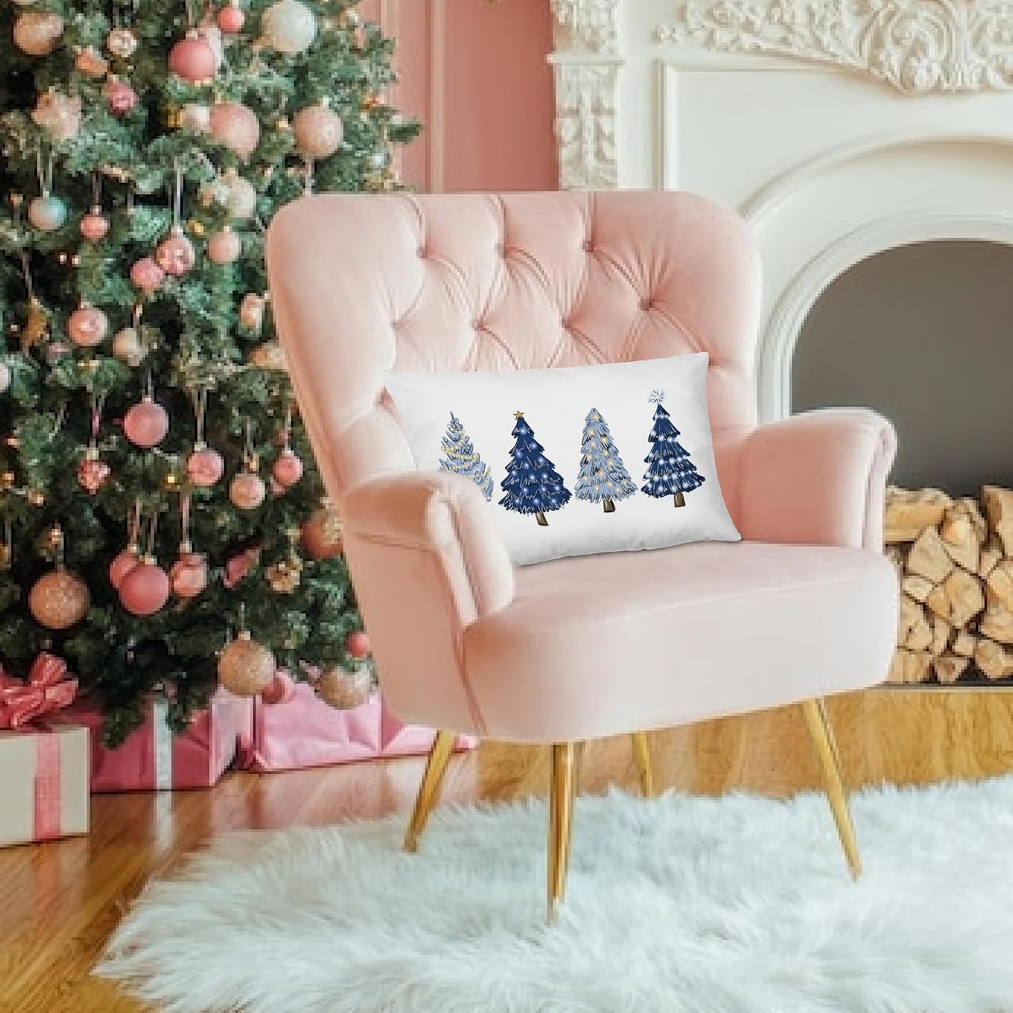 Navy Blue Christmas Decorations Christmas Tree Pillow Covers 12X20,Blue Christmas Decor,Christmas Trees Xmas Pillow Cases Cushion Covers,Blue Christmas Decor Pillow Covers for Bedroom